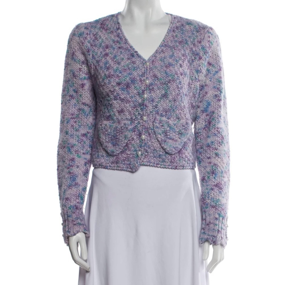 LoveShackFancy Purple Knit Cardigan with Heart Pockets